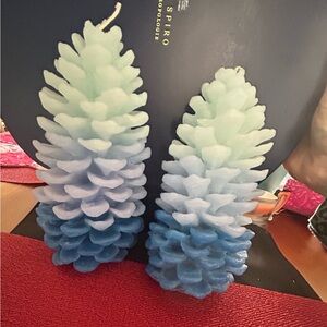2 Anthropologie Candles PILLAR Pine Cone BLUE Ombre BALSAM CEDARWOOD NWT